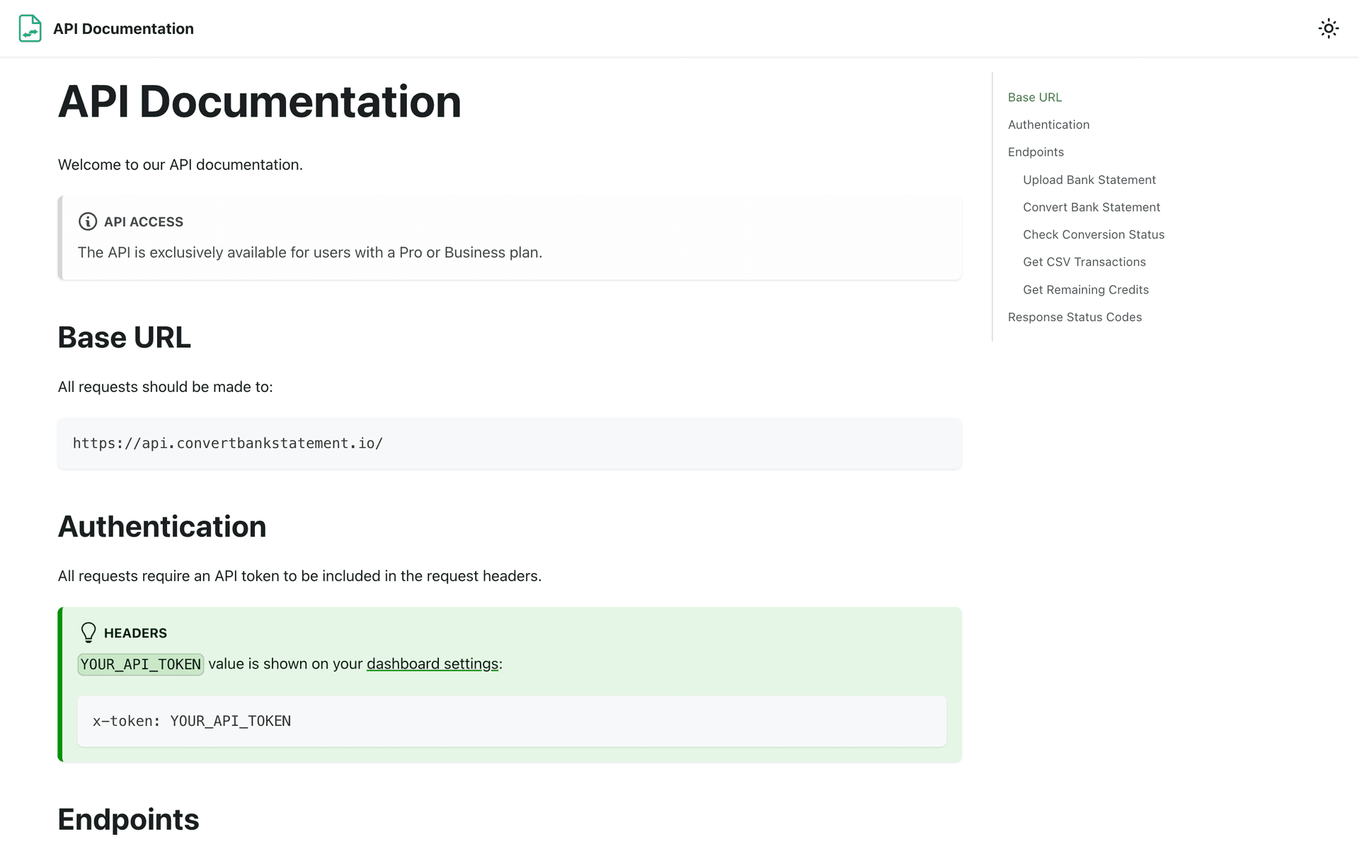 ConvertBankStatement API documentation page with sidebar navigation listing Base URL, Authentication, and endpoints for Upload Bank Statement, Convert Bank Statement, Check Conversion Status, Get CSV Transactions, Get Remaining Credits, and Response Status Codes, plus an x-token authentication example