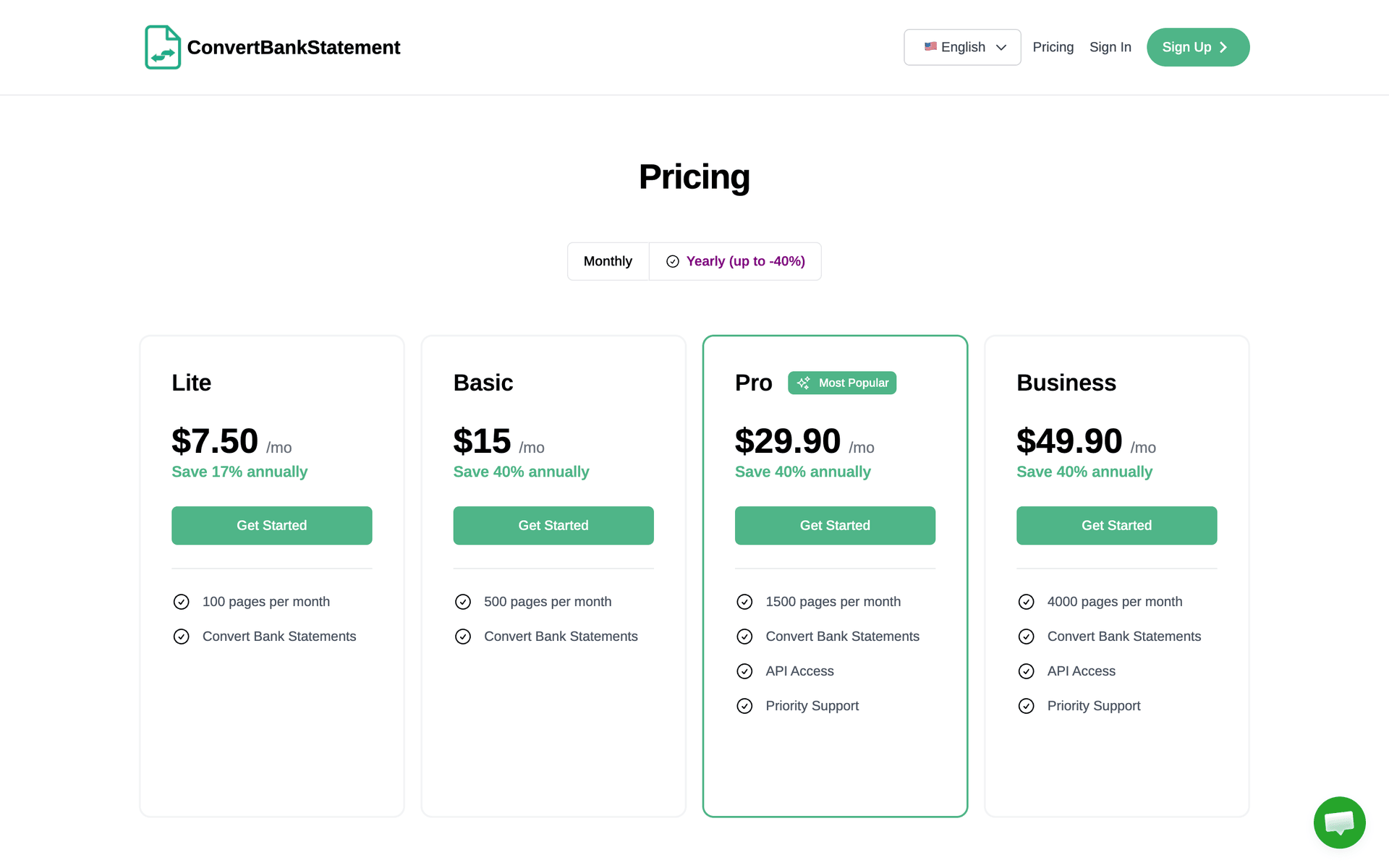 ConvertBankStatement pricing page with monthly and yearly toggle and four tiers - Lite at 7.50 dollars, Basic at 15 dollars, Pro at 29.90 dollars marked Most Popular, and Business at 49.90 dollars - each listing page allowance, API access, and priority support inclusions