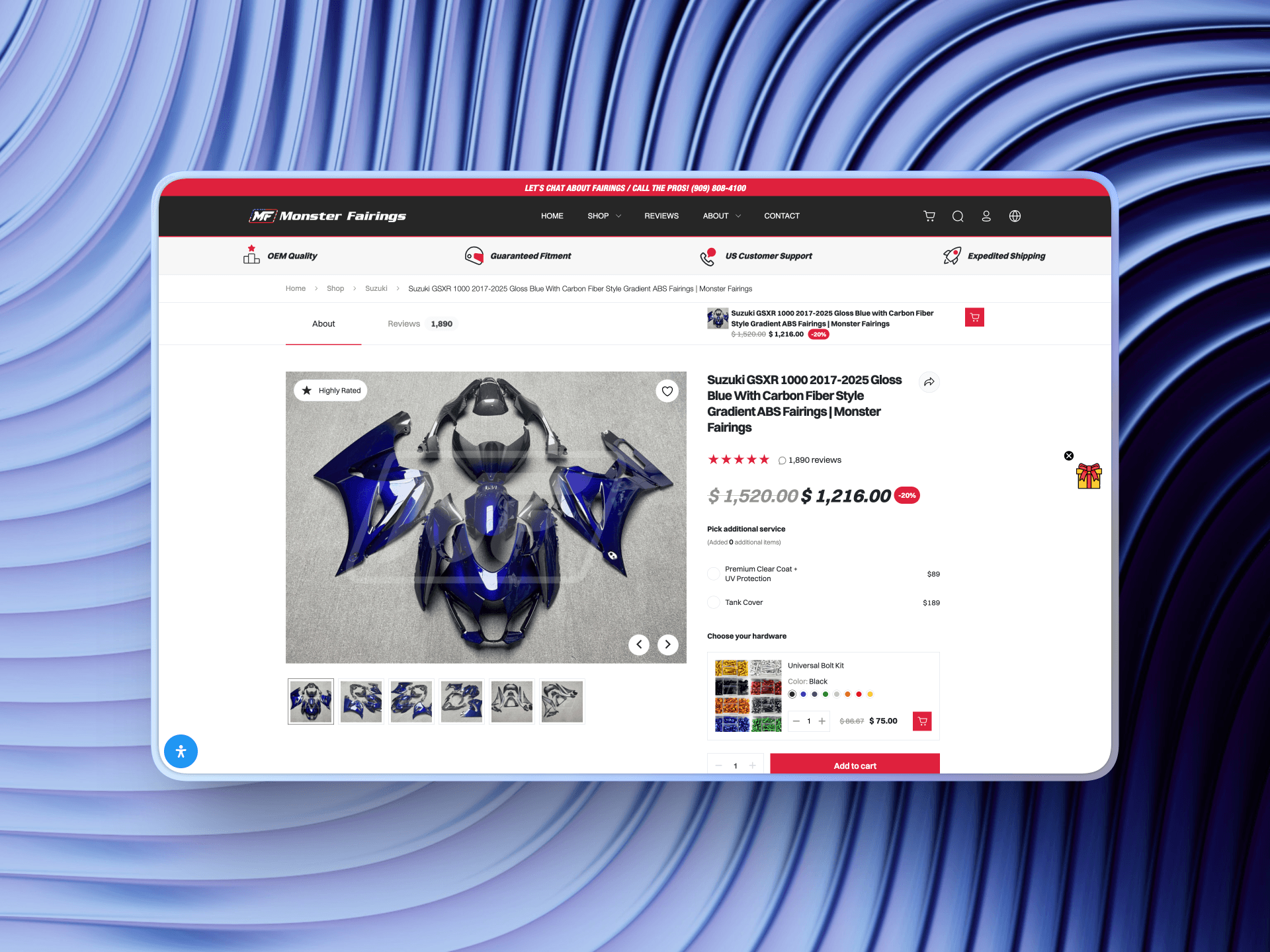 Product detail page with pricing and specifications