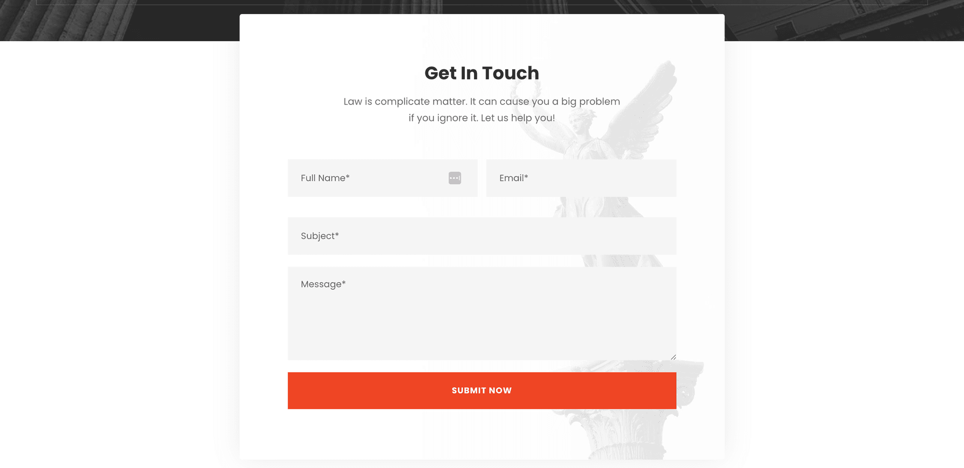 Get In Touch contact form with Full Name, Email, Subject, and Message fields and a prominent orange Submit Now button, set against a marble-column background