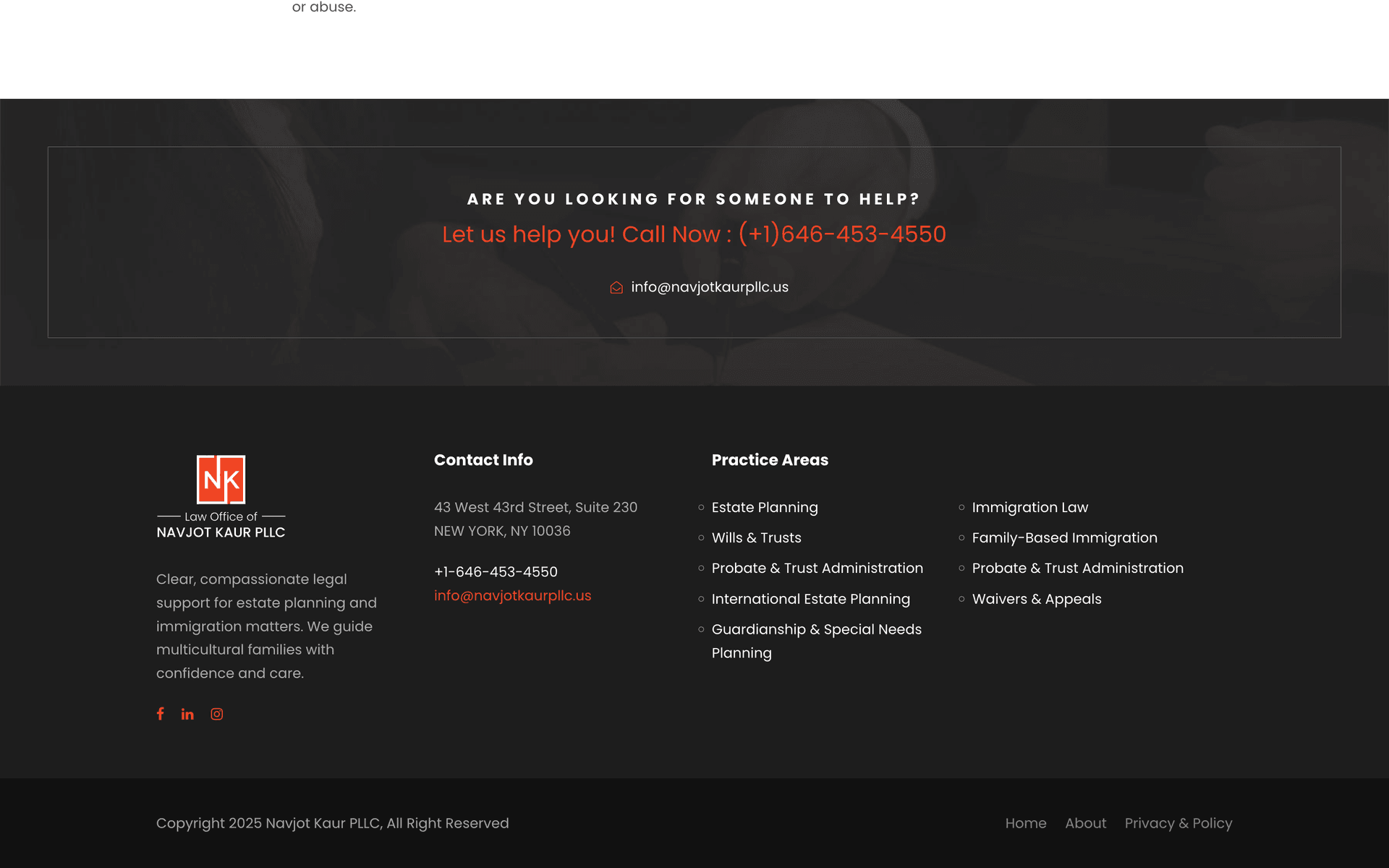 Site-wide CTA banner and footer listing all practice areas, the Midtown Manhattan office address, phone, email, and social channels