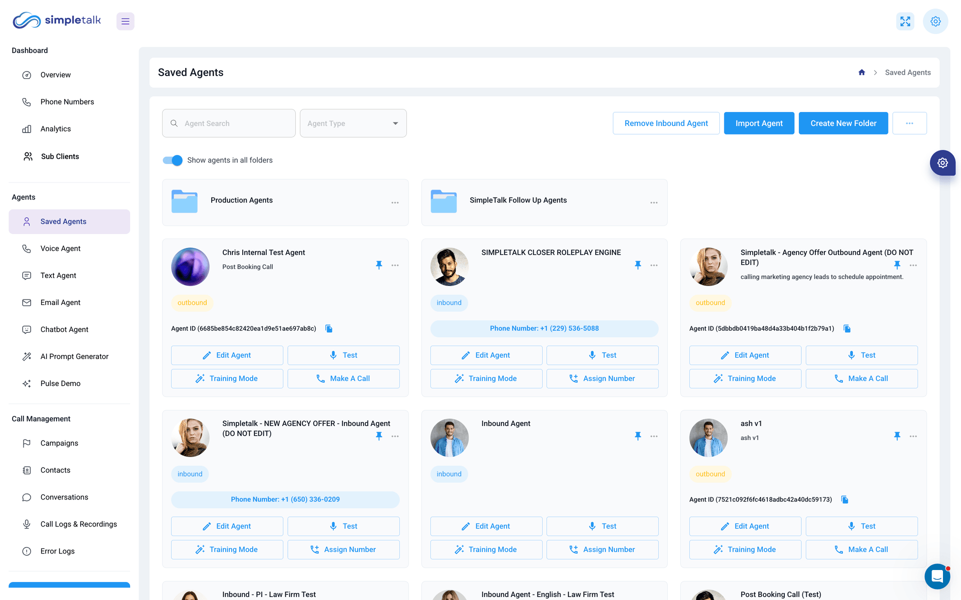 Saved Agents library showing voice and text agents organized into Production and Follow-Up folders, each with edit, test, training, and call actions