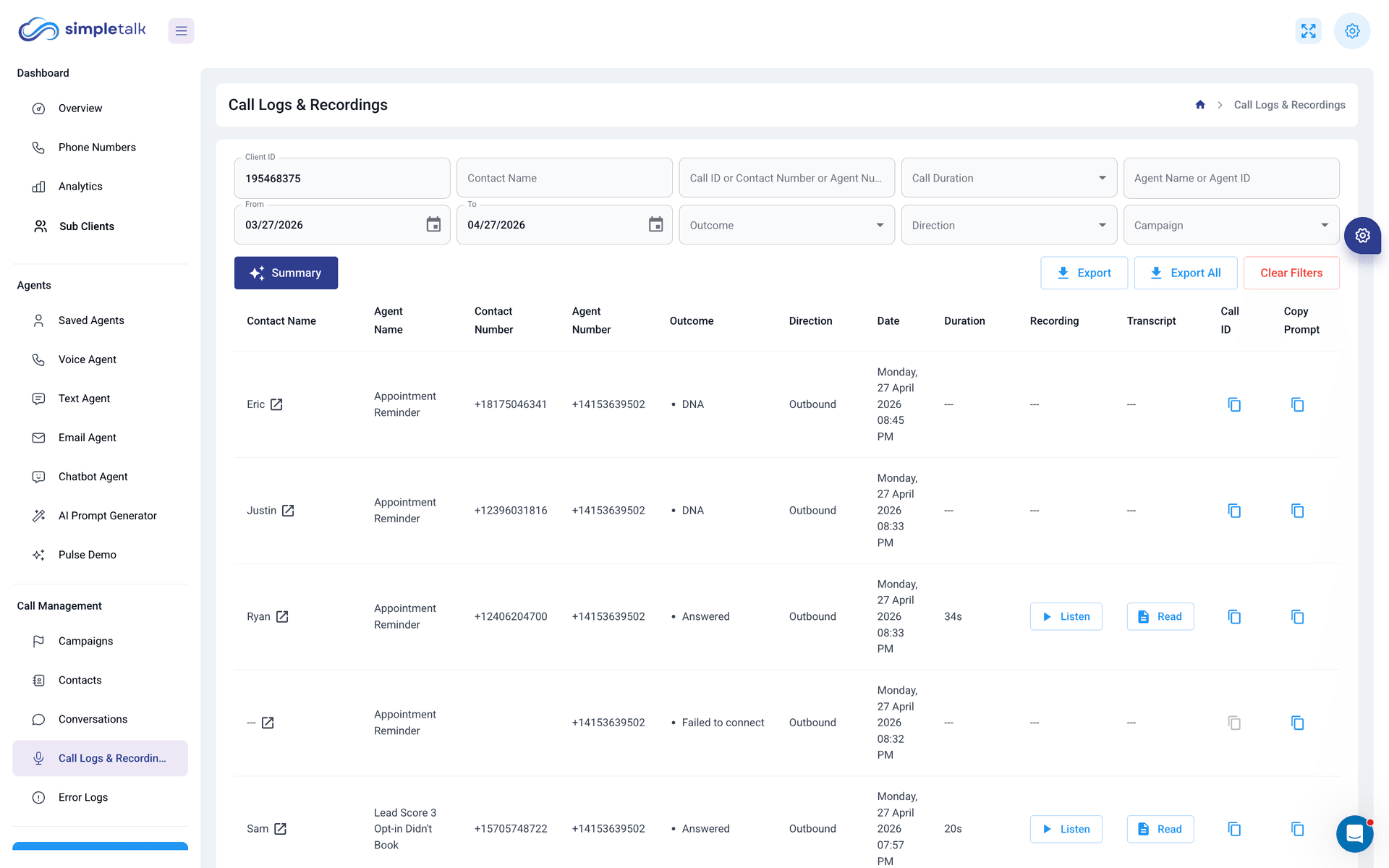 Call Logs and Recordings view with filterable table of inbound and outbound calls, outcome, duration, recording playback, and transcript access for every conversation